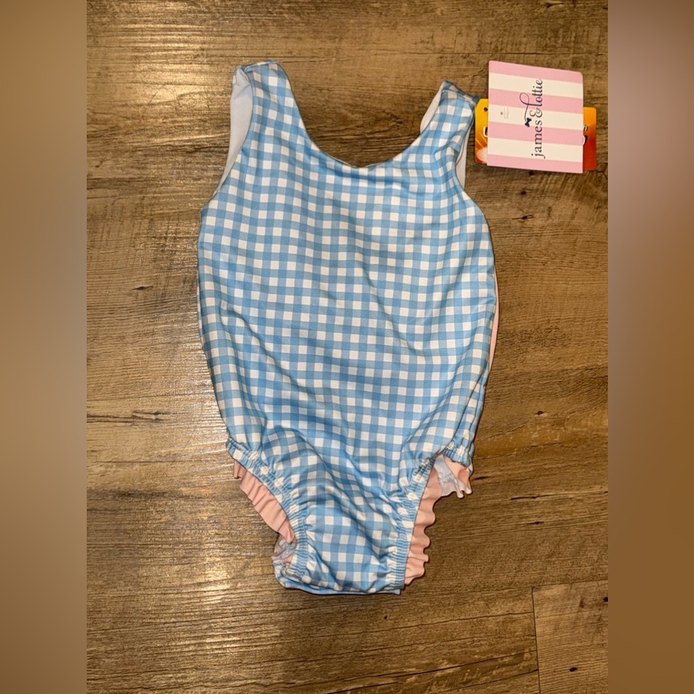 James & Lottie Blue Check Swim with Pink Bow 18 months NWT